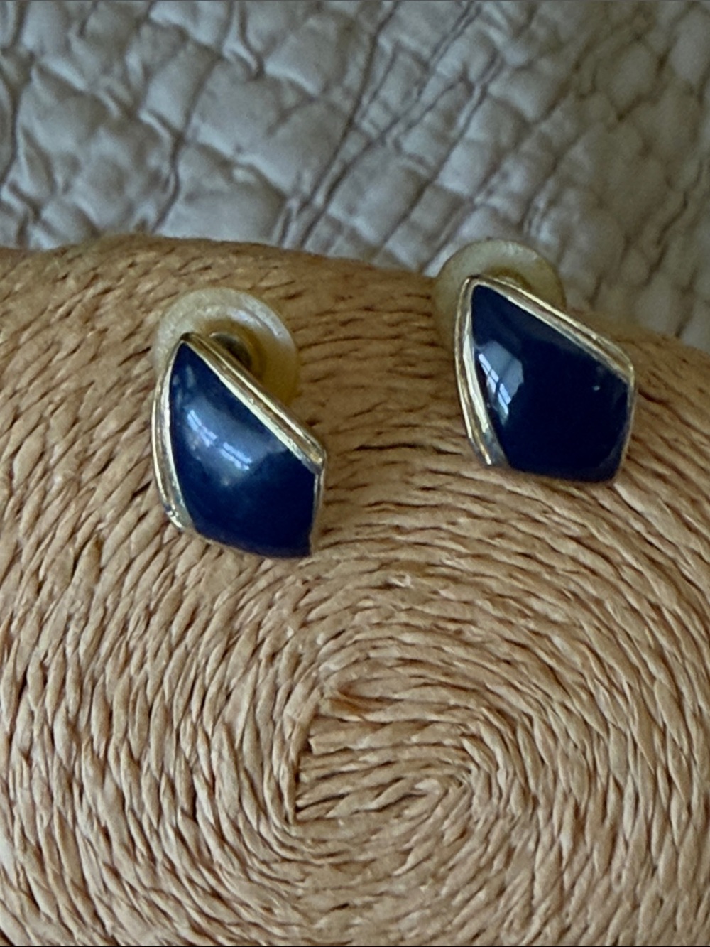 Classic Navy Blue Gold-Trim Stud Earrings - Women Jewelry
